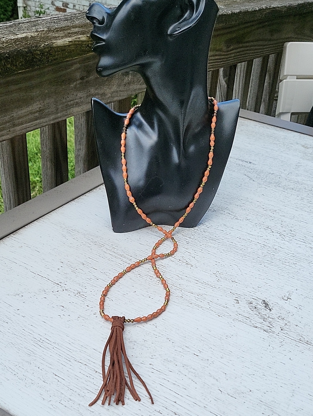 Akola Brown Leather Tassel Beaded Necklace